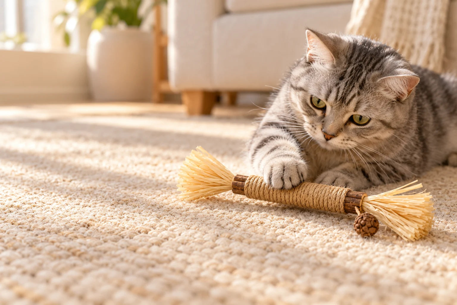 A tabby cat playing with a Chauwy silvervine stick on a soft rug.